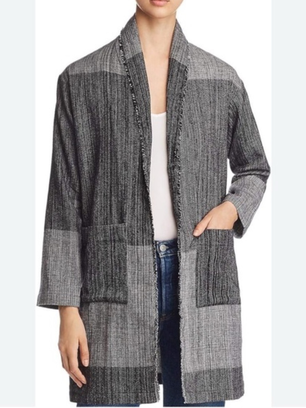 Eileen Fisher Open-Front Patchwork Knit Cardigan